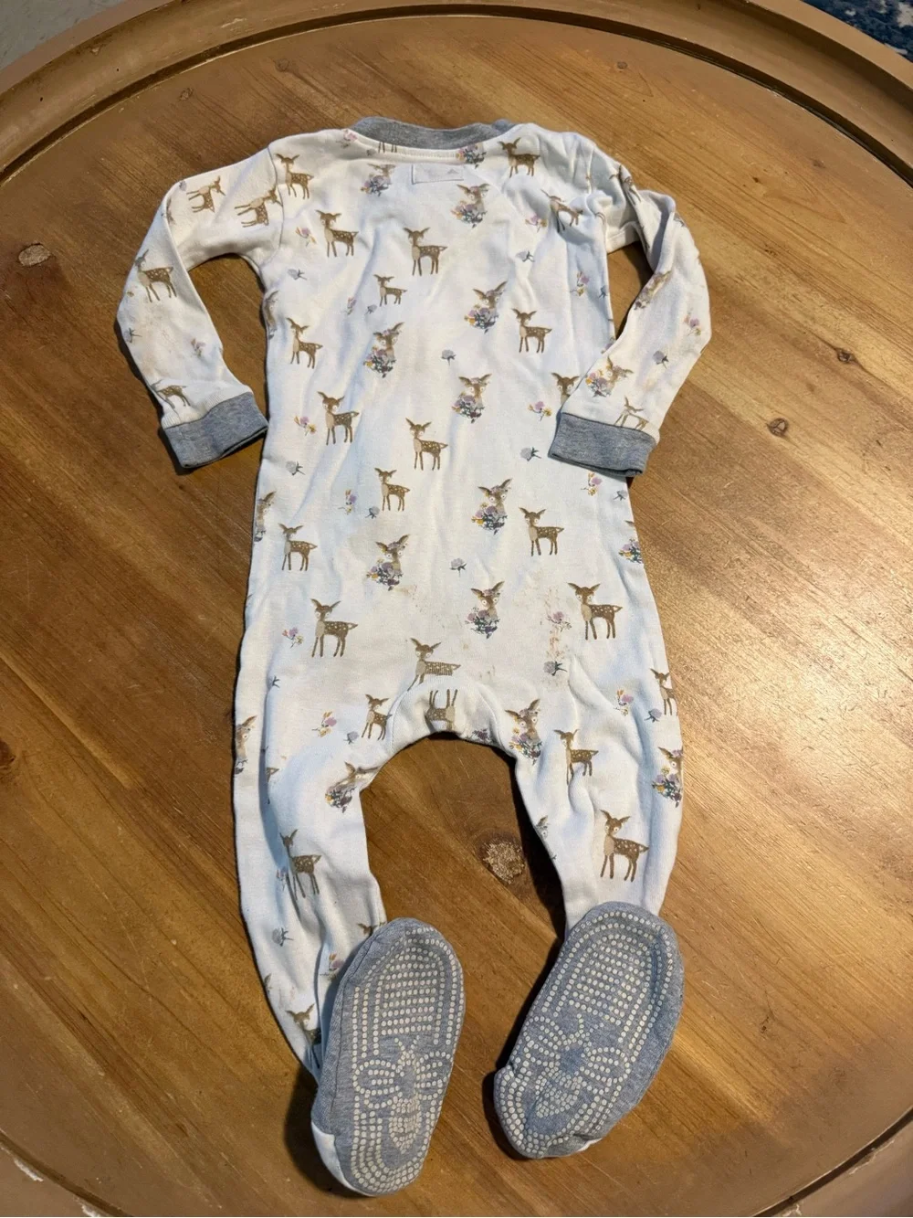Soft Footed Baby One-Piece Pajama in White with Blue Trim – Deer Print